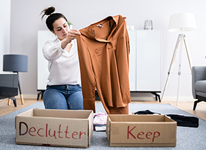 a young woman kneeling in her living room looks through her possessions, holds up clothing to decide if she should keep it; two boxes labeled Declutter and Keep are on the carpet in front of her
