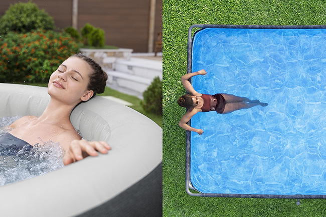 a young woman relaxes in a spa tub in her backyard surrounded by the beauty of her garden enjoying the water and the weather with her yellow dog