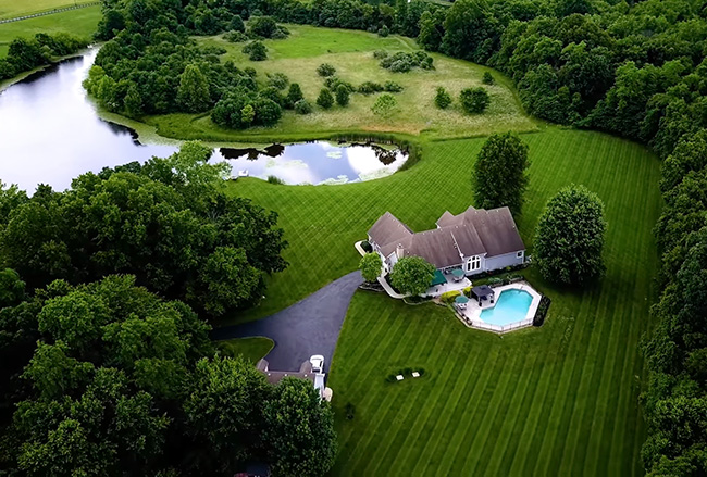 Overhead view of a beautifully landscaped field of grass and trees with a massive, fantastic pond surrounding a huge home and an inviting swimming pool for the yellow dog