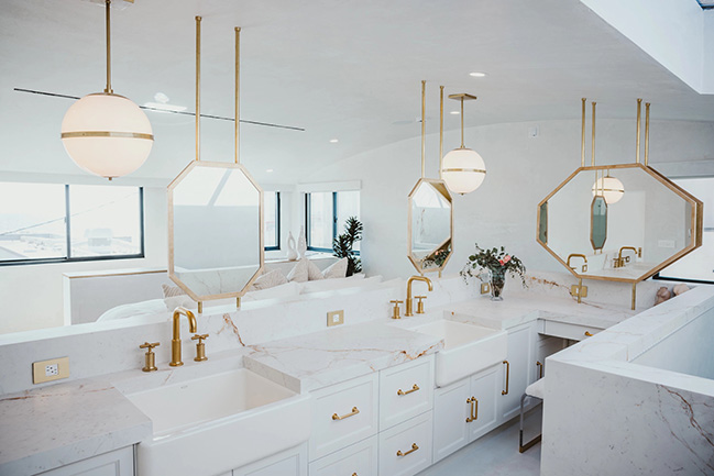 Stark, cold, all-white design of some room with mirrors and gold accents that make the room look more like a mortuary than part of a welcoming home for a yellow dog